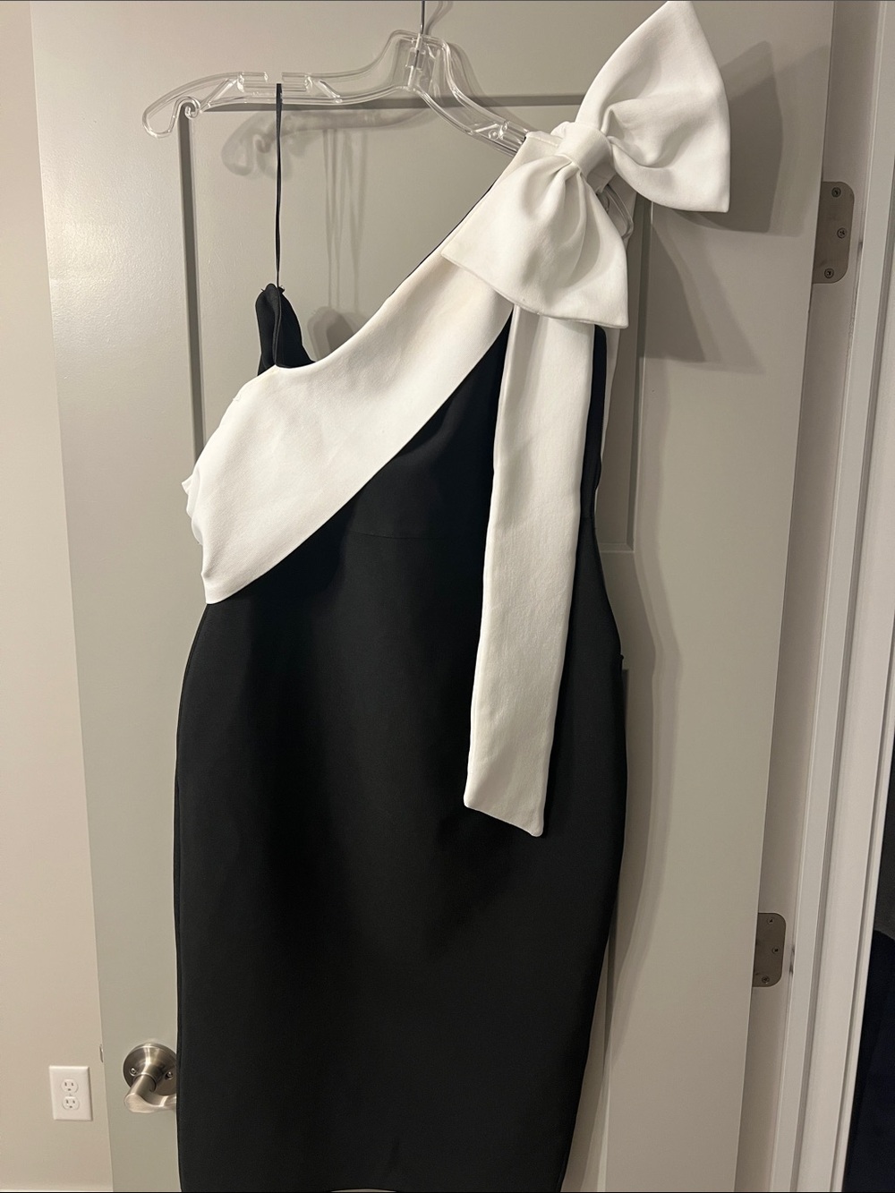Bella Barnett One-Shoulder Black Dress with White Bow Accent (Eliza Midi)